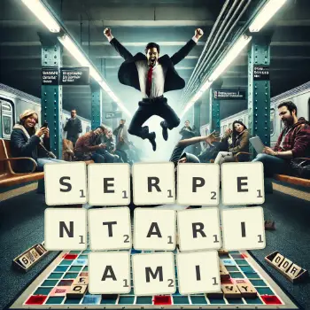 Kreatywna ilustracja do gry w Scrabble ze słowem SERPENTARIAMI ułożonym z płytek na planszy.