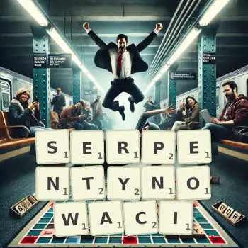 Kreatywna ilustracja do gry w Scrabble ze słowem SERPENTYNOWACI ułożonym z płytek na planszy.