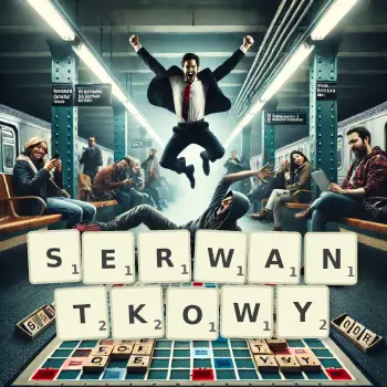 Kreatywna ilustracja do gry w Scrabble ze słowem SERWANTKOWY ułożonym z płytek na planszy.