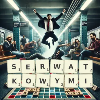 Kreatywna ilustracja do gry w Scrabble ze słowem SERWATKOWYMI ułożonym z płytek na planszy.