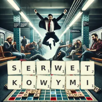 Kreatywna ilustracja do gry w Scrabble ze słowem SERWETKOWYMI ułożonym z płytek na planszy.