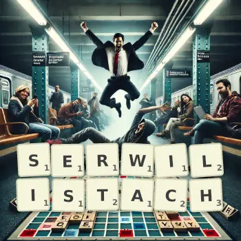 Kreatywna ilustracja do gry w Scrabble ze słowem SERWILISTACH ułożonym z płytek na planszy.