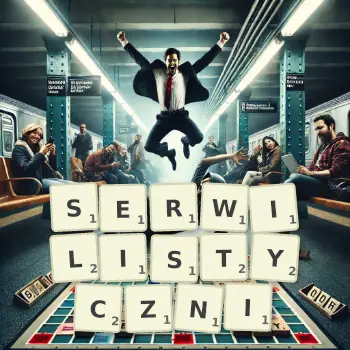 Kreatywna ilustracja do gry w Scrabble ze słowem SERWILISTYCZNI ułożonym z płytek na planszy.