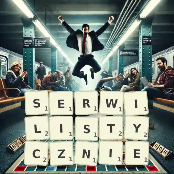 Kreatywna ilustracja do gry w Scrabble ze słowem SERWILISTYCZNIE ułożonym z płytek na planszy.