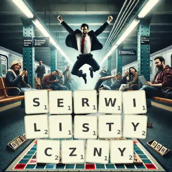 Kreatywna ilustracja do gry w Scrabble ze słowem SERWILISTYCZNY ułożonym z płytek na planszy.