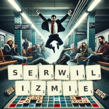 Kreatywna ilustracja do gry w Scrabble ze słowem SERWILIZMIE ułożonym z płytek na planszy.
