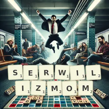 Kreatywna ilustracja do gry w Scrabble ze słowem SERWILIZMOM ułożonym z płytek na planszy.