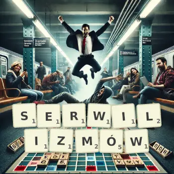 Kreatywna ilustracja do gry w Scrabble ze słowem SERWILIZMÓW ułożonym z płytek na planszy.