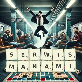 Kreatywna ilustracja do gry w Scrabble ze słowem SERWISMANAMI ułożonym z płytek na planszy.