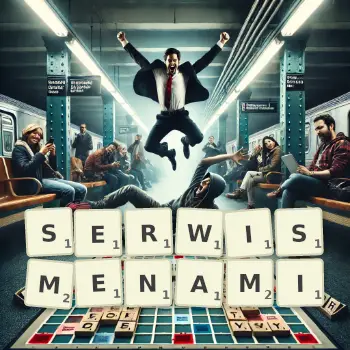 Kreatywna ilustracja do gry w Scrabble ze słowem SERWISMENAMI ułożonym z płytek na planszy.