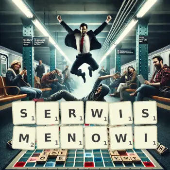 Kreatywna ilustracja do gry w Scrabble ze słowem SERWISMENOWI ułożonym z płytek na planszy.