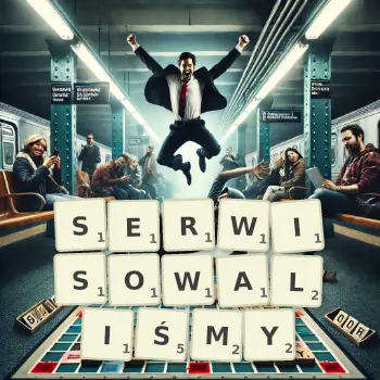 Kreatywna ilustracja do gry w Scrabble ze słowem SERWISOWALIŚMY ułożonym z płytek na planszy.