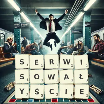 Kreatywna ilustracja do gry w Scrabble ze słowem SERWISOWAŁYŚCIE ułożonym z płytek na planszy.