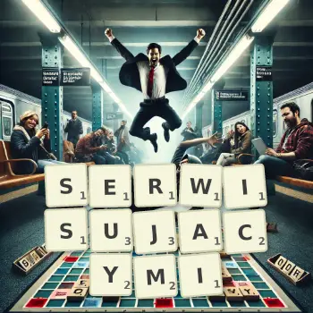 Kreatywna ilustracja do gry w Scrabble ze słowem SERWISUJACYMI ułożonym z płytek na planszy.