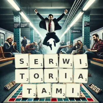 Kreatywna ilustracja do gry w Scrabble ze słowem SERWITORIATAMI ułożonym z płytek na planszy.