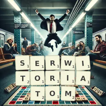 Kreatywna ilustracja do gry w Scrabble ze słowem SERWITORIATOM ułożonym z płytek na planszy.