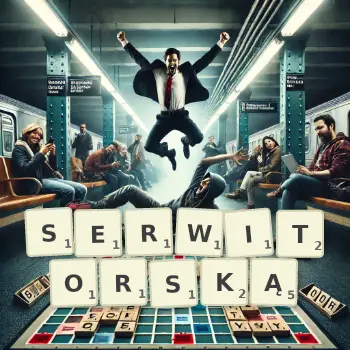 Kreatywna ilustracja do gry w Scrabble ze słowem SERWITORSKĄ ułożonym z płytek na planszy.