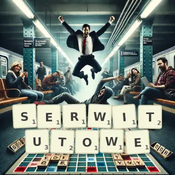 Kreatywna ilustracja do gry w Scrabble ze słowem SERWITUTOWE ułożonym z płytek na planszy.