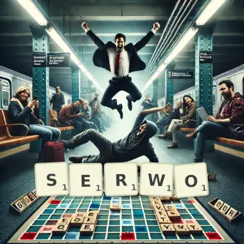 Kreatywna ilustracja do gry w Scrabble ze słowem SERWO ułożonym z płytek na planszy.