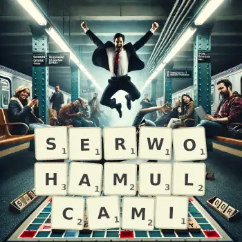 Kreatywna ilustracja do gry w Scrabble ze słowem SERWOHAMULCAMI ułożonym z płytek na planszy.