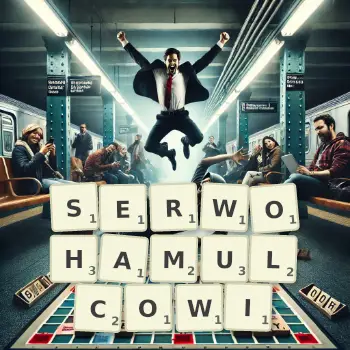 Kreatywna ilustracja do gry w Scrabble ze słowem SERWOHAMULCOWI ułożonym z płytek na planszy.