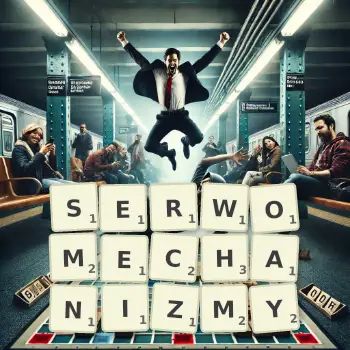 Kreatywna ilustracja do gry w Scrabble ze słowem SERWOMECHANIZMY ułożonym z płytek na planszy.