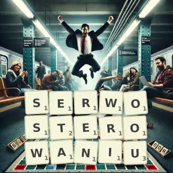 Kreatywna ilustracja do gry w Scrabble ze słowem SERWOSTEROWANIU ułożonym z płytek na planszy.