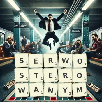 Kreatywna ilustracja do gry w Scrabble ze słowem SERWOSTEROWANYM ułożonym z płytek na planszy.