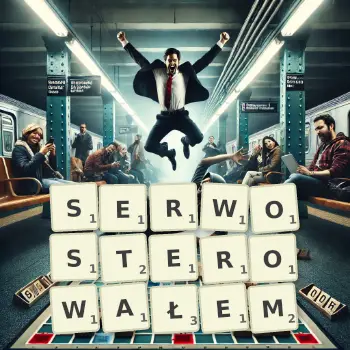 Kreatywna ilustracja do gry w Scrabble ze słowem SERWOSTEROWAŁEM ułożonym z płytek na planszy.