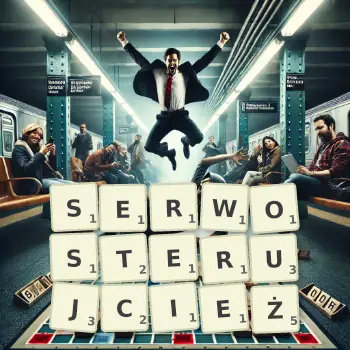 Kreatywna ilustracja do gry w Scrabble ze słowem SERWOSTERUJCIEŻ ułożonym z płytek na planszy.