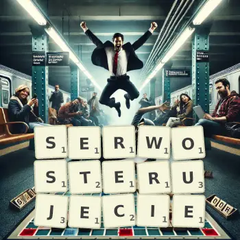 Kreatywna ilustracja do gry w Scrabble ze słowem SERWOSTERUJECIE ułożonym z płytek na planszy.