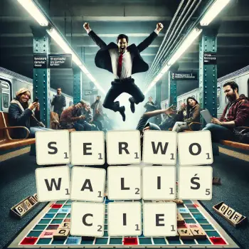 Kreatywna ilustracja do gry w Scrabble ze słowem SERWOWALIŚCIE ułożonym z płytek na planszy.