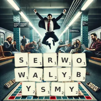 Kreatywna ilustracja do gry w Scrabble ze słowem SERWOWALYBYSMY ułożonym z płytek na planszy.