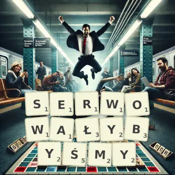 Kreatywna ilustracja do gry w Scrabble ze słowem SERWOWAŁYBYŚMY ułożonym z płytek na planszy.