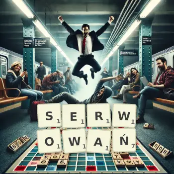 Kreatywna ilustracja do gry w Scrabble ze słowem SERWOWAŃ ułożonym z płytek na planszy.