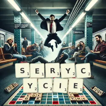 Kreatywna ilustracja do gry w Scrabble ze słowem SERYCYCIE ułożonym z płytek na planszy.