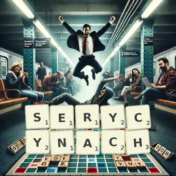 Kreatywna ilustracja do gry w Scrabble ze słowem SERYCYNACH ułożonym z płytek na planszy.