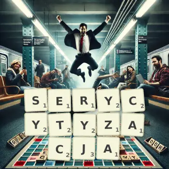 Kreatywna ilustracja do gry w Scrabble ze słowem SERYCYTYZACJA ułożonym z płytek na planszy.