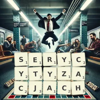 Kreatywna ilustracja do gry w Scrabble ze słowem SERYCYTYZACJACH ułożonym z płytek na planszy.