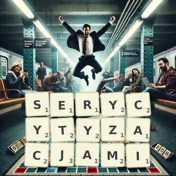 Kreatywna ilustracja do gry w Scrabble ze słowem SERYCYTYZACJAMI ułożonym z płytek na planszy.