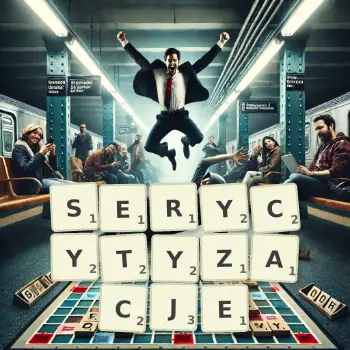 Kreatywna ilustracja do gry w Scrabble ze słowem SERYCYTYZACJE ułożonym z płytek na planszy.