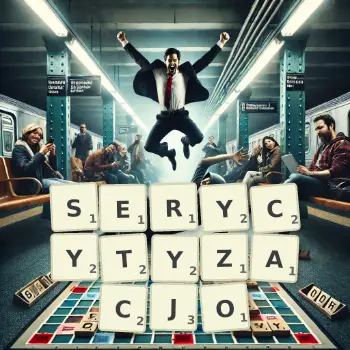 Kreatywna ilustracja do gry w Scrabble ze słowem SERYCYTYZACJO ułożonym z płytek na planszy.