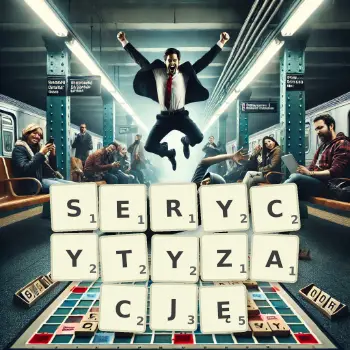 Kreatywna ilustracja do gry w Scrabble ze słowem SERYCYTYZACJĘ ułożonym z płytek na planszy.