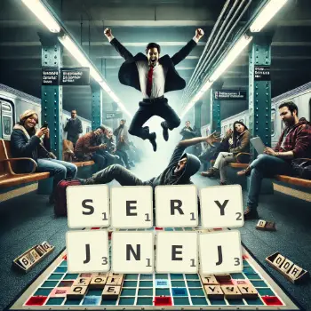 Kreatywna ilustracja do gry w Scrabble ze słowem SERYJNEJ ułożonym z płytek na planszy.