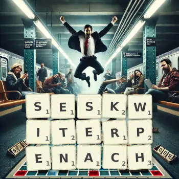 Kreatywna ilustracja do gry w Scrabble ze słowem SESKWITERPENACH ułożonym z płytek na planszy.