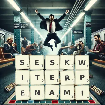 Kreatywna ilustracja do gry w Scrabble ze słowem SESKWITERPENAMI ułożonym z płytek na planszy.
