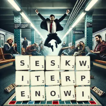 Kreatywna ilustracja do gry w Scrabble ze słowem SESKWITERPENOWI ułożonym z płytek na planszy.