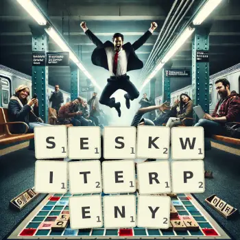 Kreatywna ilustracja do gry w Scrabble ze słowem SESKWITERPENY ułożonym z płytek na planszy.