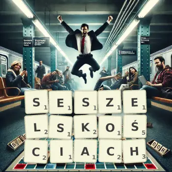 Kreatywna ilustracja do gry w Scrabble ze słowem SESZELSKOŚCIACH ułożonym z płytek na planszy.