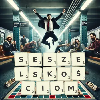 Kreatywna ilustracja do gry w Scrabble ze słowem SESZELSKOŚCIOM ułożonym z płytek na planszy.